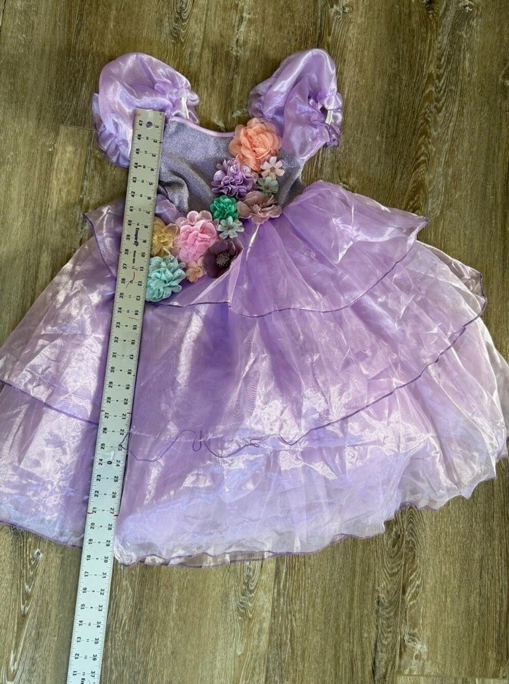 Girls 6-7Y Purple A-Line Organza Knee Dress Puff Sleeve Flower Party Formal
